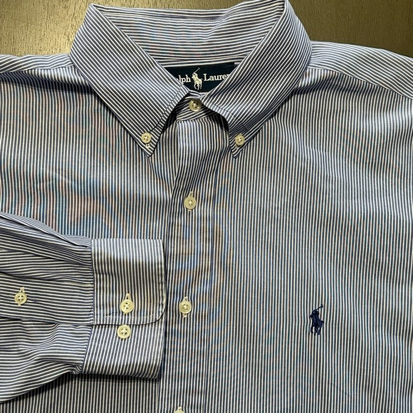 Ralph Lauren Shirt Adult 17 36/37 LT Blue White Pony Preppy Striped Casual Mens - Picture 1 of 5